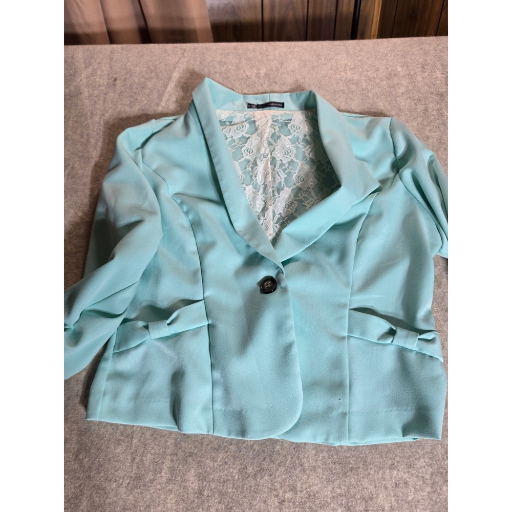 Maurices Mint Green Cropped Blazer XL Lace Back Bow Detail Open Front Jacket